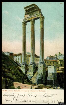 Tarjeta postal a color de las ruinas del Templo de Cástor y Pólux de Roma editada por Gerard Blum...