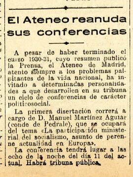 1931-08-07. Anuncio de conferencia de Manuel Martínez Aguiar, conde de Pedroso. El Liberal (Madrid)
