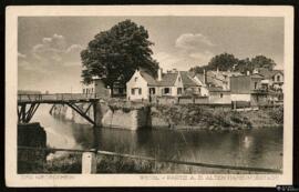 Tarjeta postal de vista exterior de antiguo suburbio portuario del Bajo Rin en Wesel, toma origin...