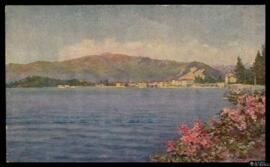 Tarjeta postal de ilustración a color de vista panorámica de Intra desde la Villa Marchese Barbó,...