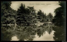 Tarjeta postal del paisaje del Laghetto de los Jardines Públicos de Milán editada por Garanzini e...