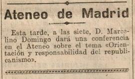 1930-06-11. Anuncio de la conferencia de Marcelino Domingo sobre el republicanismo. El Liberal (M...