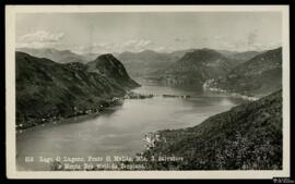 Tarjeta postal circulada de vista del paisaje del Lago di lugano, el Ponte di Melide, el Monte Sa...