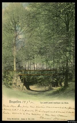 Tarjeta postal circulada a color de un puente de madera en el Bois de la Cambre de Bruselas edita...