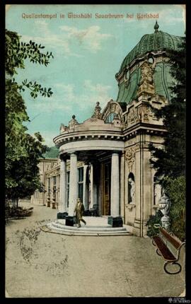 Tarjeta postal a color del Quellentempel en la fuente termal Giesshübl Sauerbrunn en Karlovy Vary...