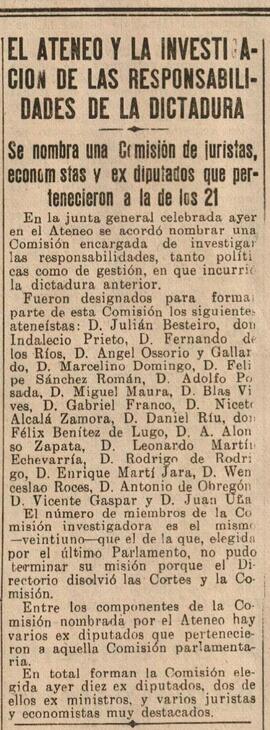 1930-07-06. El Ateneo nombra una comisión para investigar las responsabilidades de la dictadura ....