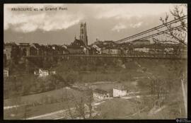 Tarjeta postal circulada del Gran Puente colgante de Friburgo en Suiza editada por Perrochet-Mati...