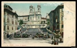 Tarjeta postal a color de escena costumbrista urbana en la Piazza di Spagna de Roma