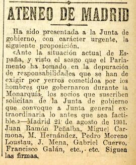 1931-08-22. Proposición de Junta general extraordinaria sobre responsabilidades de la Monarquía. ...