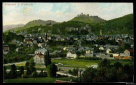 Tarjeta postal a color de vista general de Eisenach y el Castillo de Wartburg editada por el Verl...