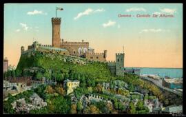 Tarjeta postal a color de vista panorámica del Castello d'Albertis de Génova editada por A. P.  e...