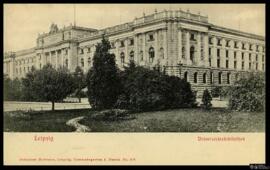 Tarjeta postal de vista exterior de la Biblioteca Universitaria de Leipzig editada por Johannes H...