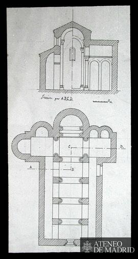 Planta y sección de San Pedro de Galligans de Gerona. (Dibujo de Vicente Lampérez y Romea)