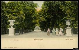 Tarjeta postal de paseo en el Schlossgarten del Palacio de Schönbrunn de Viena editada por P. Lec...