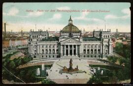 Tarjeta postal circulada de del Reichstagsgebäude y el Monumento Nacional a Bismarck o Bismarck-D...