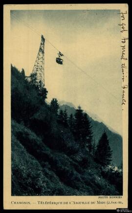 Tarjeta postal circulada de vista del paisaje del Teleférico de la Aiguille du Midi en Chamonix-M...