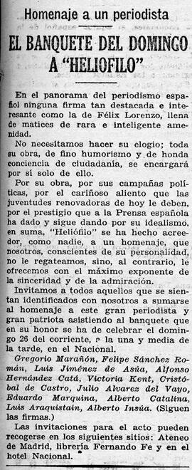 1931-04-22. Homenaje al periodista Félix Lorenzo. Ahora (Madrid)