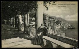 Tarjeta postal de escena costumbrista de un monje sentado en la galería del Convento dei Cappucci...