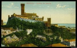 Tarjeta postal a color de vista panorámica del Castello d'Albertis de Génova editada por Uff. Rev...