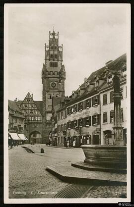 Tarjeta postal de vista exterior de la Schwabentor en Friburgo editada por el Verlag von Emil Har...