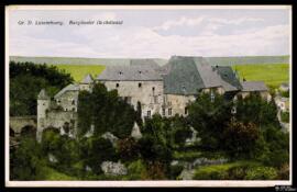 Tarjeta postal policromada de vista panorámica del Castillo de Bourglinster editada por W. Capus ...