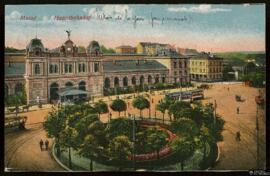 Tarjeta postal a color de vista exterior de la Estación Central de Maguncia editada por Ludwig Fe...