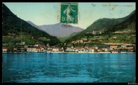 Tarjeta postal circulada a color de vista panorámica de Argegno junto al Lago di Como editada por...