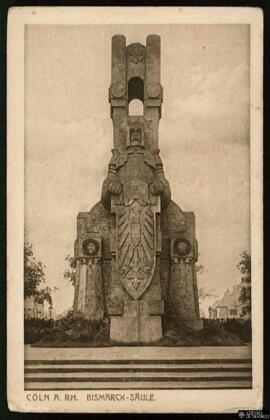Tarjeta postal del Pilar de Bismarck o Bismarck-Säule en Colonia con anotación en inglés al verso