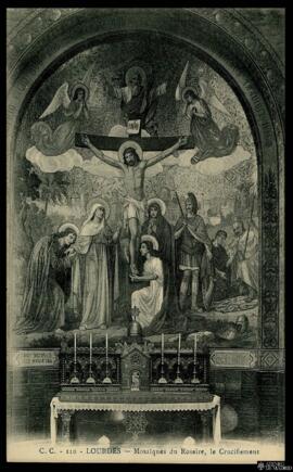 Tarjeta postal del mosaico de la Crucifixión de Jesús de la Basílica del Rosario de Lourdes edita...