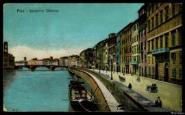 Tarjeta postal a color del Paseo fluvial junto al río Arno Lungarno Mediceo