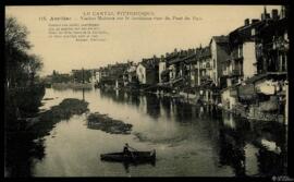 Tarjeta postal de las antiguas casas sobre el río Jordanne en Aurillac desde el Pont du Bui con e...