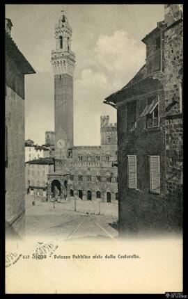 Tarjeta postal circulada de vista exterior del Palacio Comunal de Siena o Palazzo della Signoria ...