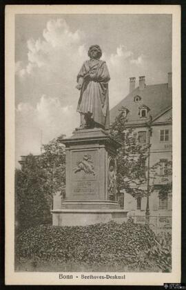 Tarjeta postal del Monumento a Ludwig van Beethoven en Bonn con anotaciones en inglés relativas a...