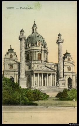 Tarjeta postal a color de vista exterior de la Karlskirche de Viena editada por el Verlag W. D. W...