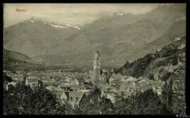 Tarjeta postal de vista panorámica de Merano editada por Joh. F. Amonn en Bolzano.