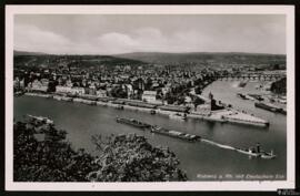 Tarjeta postal de vista panorámica sobre Coblenza y la Deutschem Eck editada por el Verlag Schöni...
