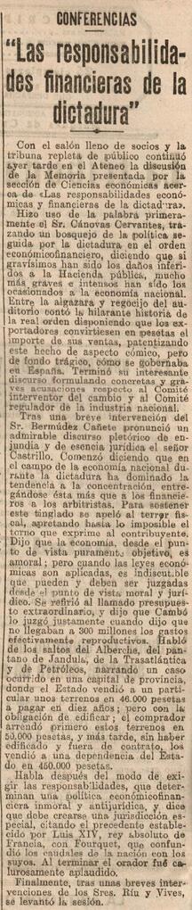 1930-06-14. Extracto de la discusión de la Memoria de la Sección de Ciencias Económicas sobre res...