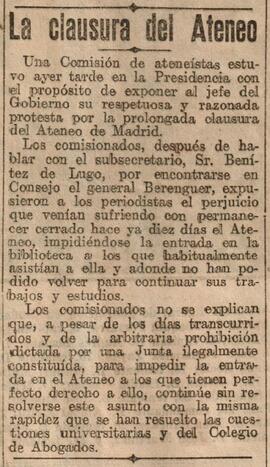 1930-02-08. Los ateneístas protestan por la prolongada clausura del Ateneo. El Liberal (Madrid)