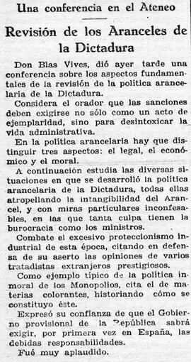 1931-05-08. Conferencia de Blas Vives. Ahora (Madrid)