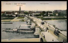 Tarjeta postal pintada a color de vista panorámica del barrio de Neustadt en Dresde editada por e...