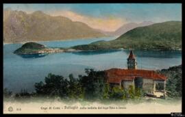 Tarjeta postal a color de vista panorámica de Bellagio con la vista del paisaje del lago junto a ...