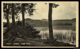 Tarjeta postal de vista del paisaje del Lago Sirio desde Ivrea editada por L. I. C. y remitida a ...