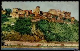 Tarjeta postal circulada a color de vista panorámica  del Castillo de Rheinfels editada por el Ha...