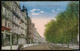 Tarjeta postal a color de la Wilhelmstrasse de Wiesbaden editada por K. S. M.  con carta no circu...