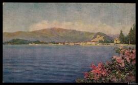 Tarjeta postal de ilustración a color de vista panorámica de Intra desde la Villa Marchese Barbó,...