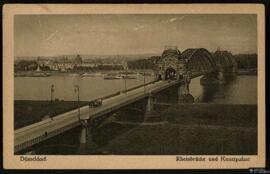 Tarjeta postal de vista panorámica del Rheinbrücke y el Kunstpalast de Düsseldorf con carta no ci...