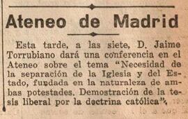 1930-06-10. Anuncio de la conferencia de Jaime Torrubiano sobre la separación de Iglesia y Estado...