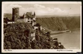 Tarjeta postal de vista panorámica del Castillo de Katz junto al lago Lorelei en Sankt Goarhausen...