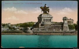 Tarjeta postal pintada a color de vista panorámica del Deutsches Eck y el monumento escultórico a...