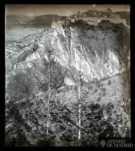 
Bosque y pueblo en la cima de una montaña
